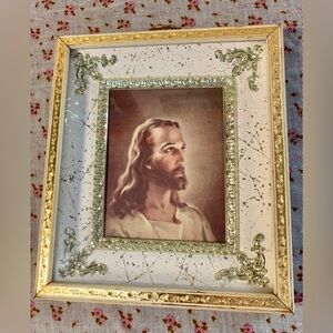 Vintage Elegant Gold and Silver Framed Portrait of Jesus